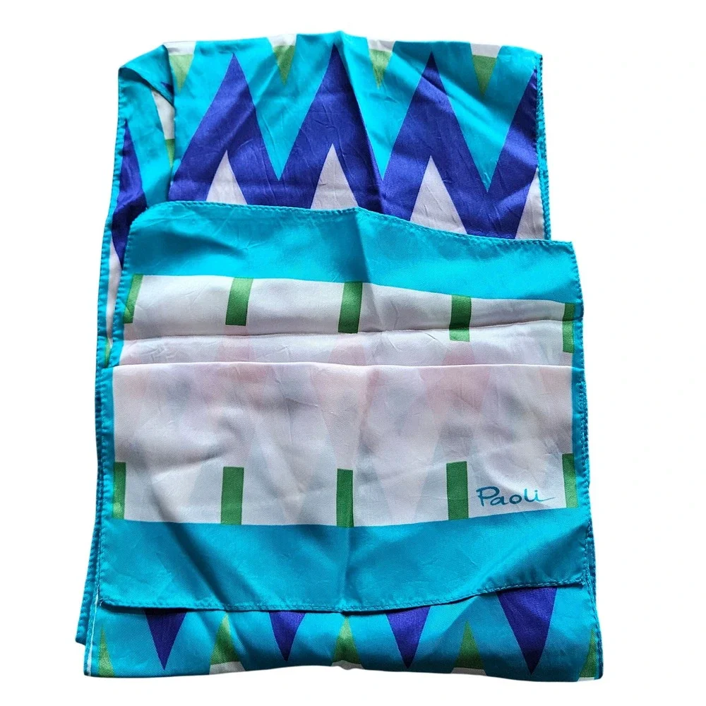 Paoli Vintage Geometric Abstract Silk Scarf‎ Teal Purple Green Pink Oblong Retro